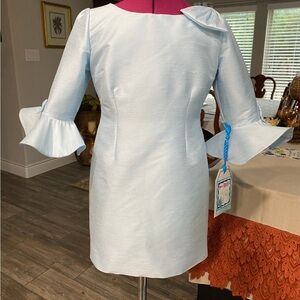 Light Blue Pageant Interview Dress with Ruffle Sleeves.